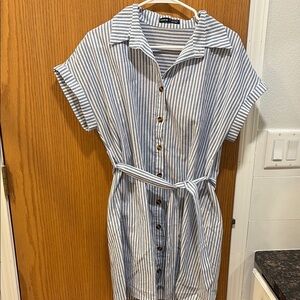 SHEIN Blue and White Cuffed Sleeve Mini Shirt Dress